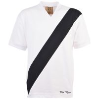Image of TOFFS Klasyczna biała koszula z krótkim rękawem i czarną taśmą w stylu retro